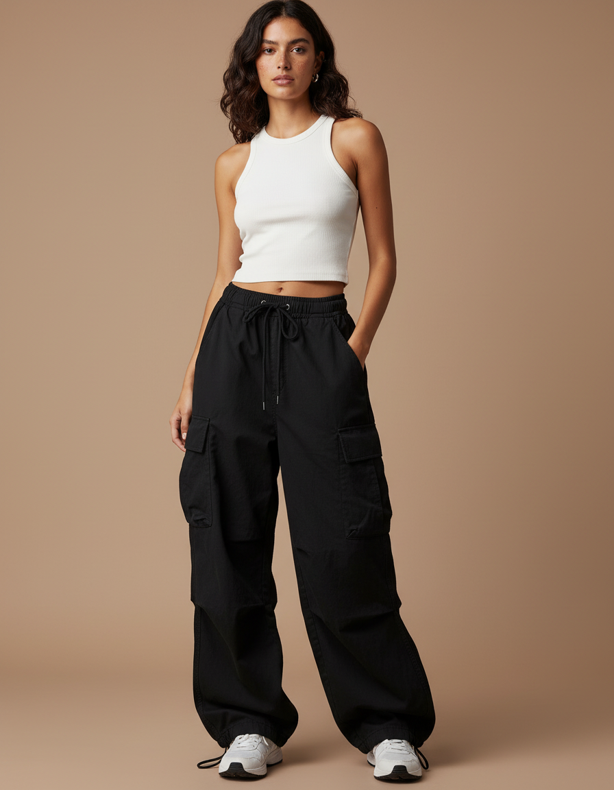 Pantalon Cargo Noir Ample Coton Taille Haute Femme