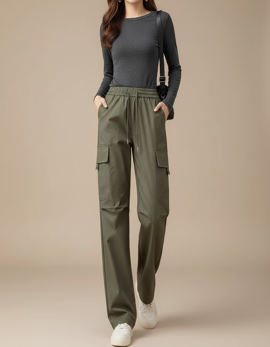Pantalon Cargo Femme Vert Olive Large - Kaki Polyester