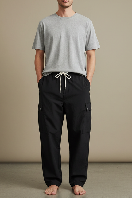 Pantalon Cargo Noir Ample Décontracté Cordon Homme - Polyester