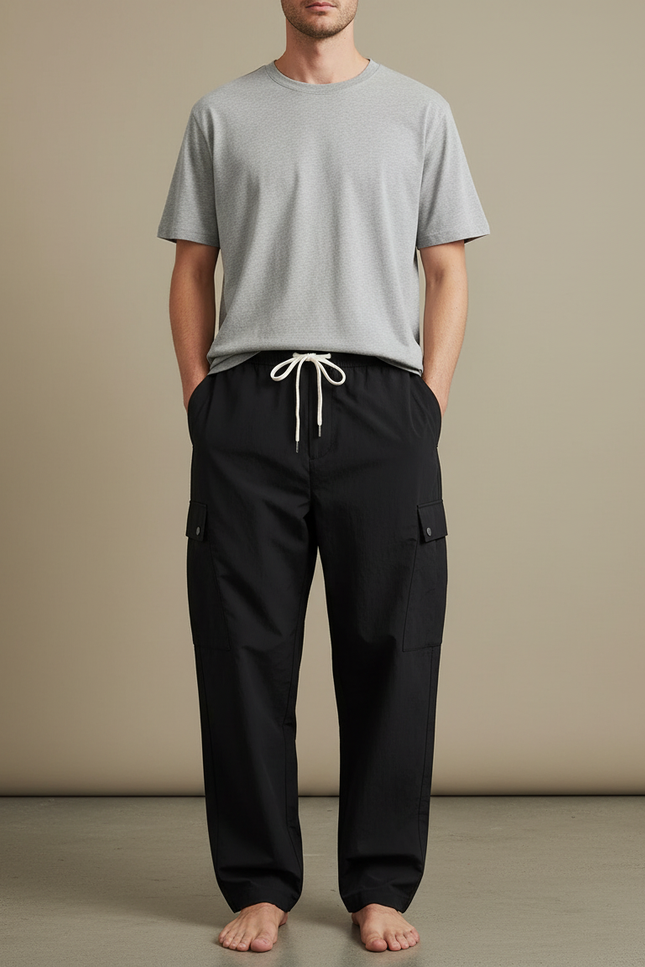 Pantalon Cargo Noir Ample Décontracté Cordon Homme - Polyester