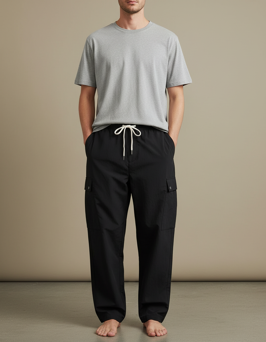 Pantalon Cargo Noir Ample Décontracté Cordon Homme - Polyester