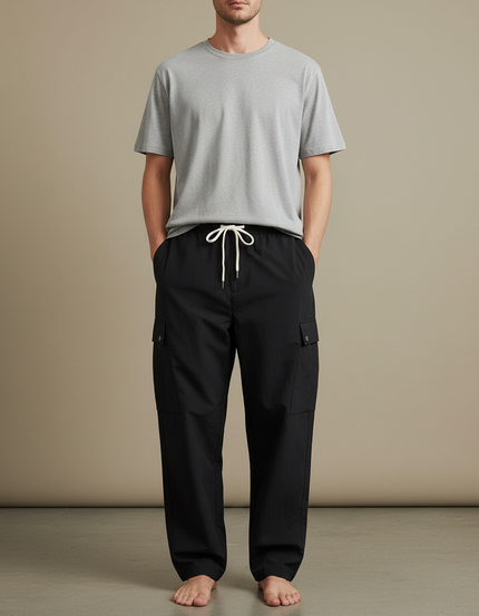 Pantalon Cargo Noir Ample Décontracté Cordon Homme - Polyester
