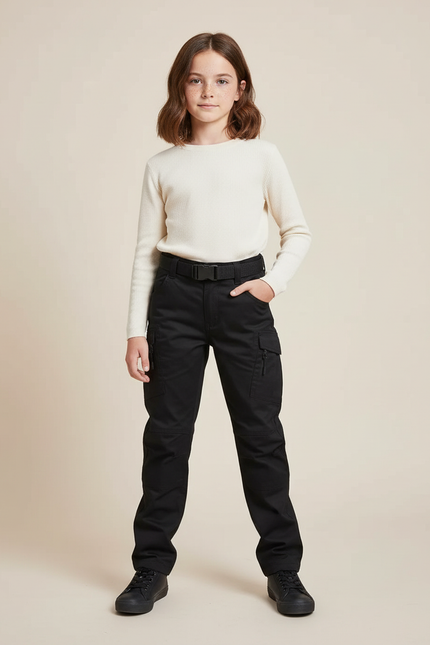 Pantalon Cargo Fille Noir Droit - Gabardine