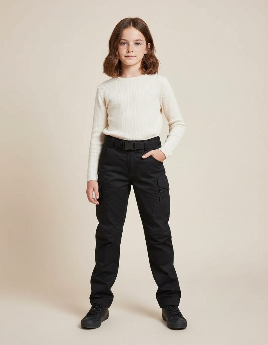 Pantalon Cargo Fille Noir Droit - Gabardine