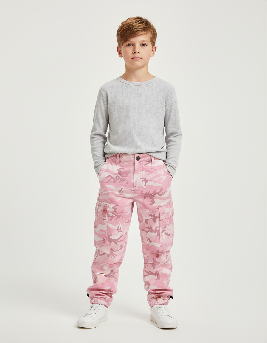 Pantalon Cargo Rose Camouflage Ample Garçon Coton