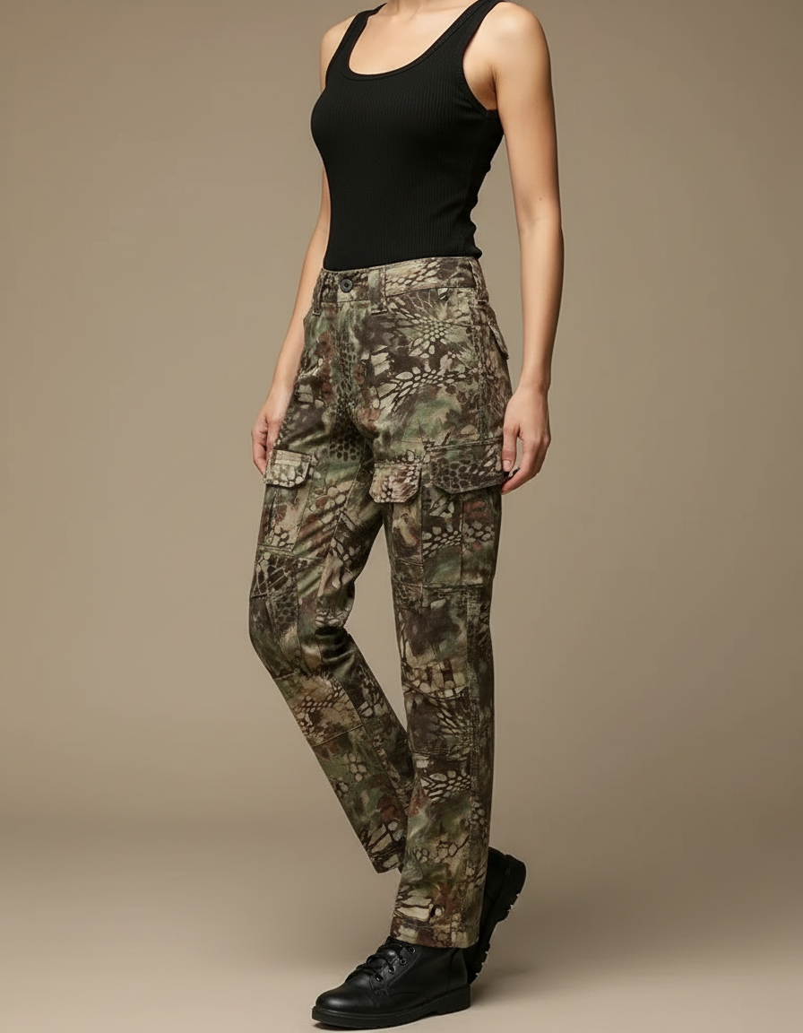 Pantalon Cargo Camouflage Militaire Femme Ample Multipoches - Kaki Toile