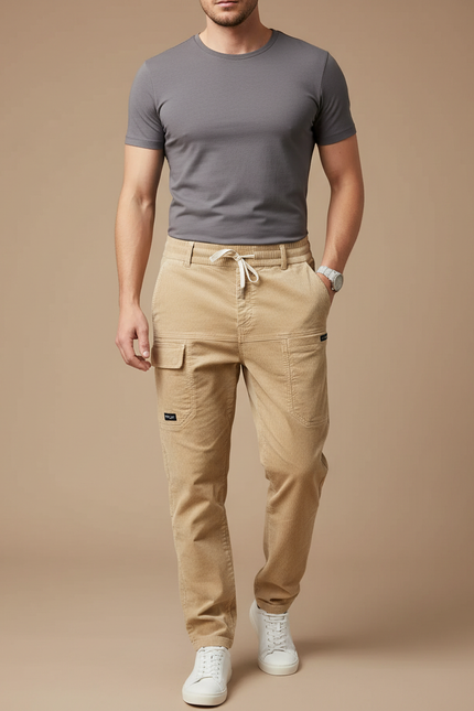 Pantalon Cargo Beige Côtelé Décontracté Multipoches Homme - Cordé