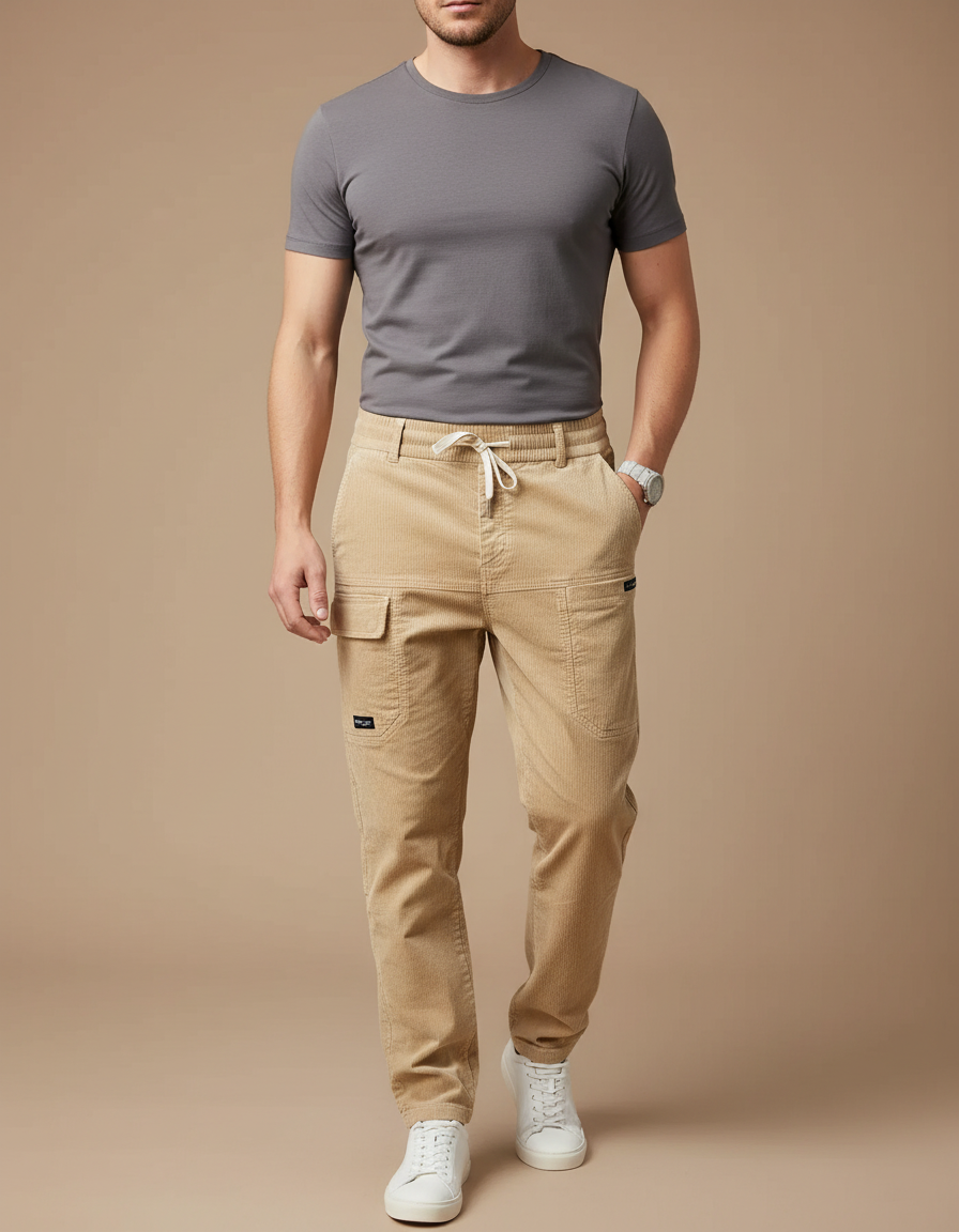 Pantalon Cargo Beige Côtelé Décontracté Multipoches Homme - Cordé