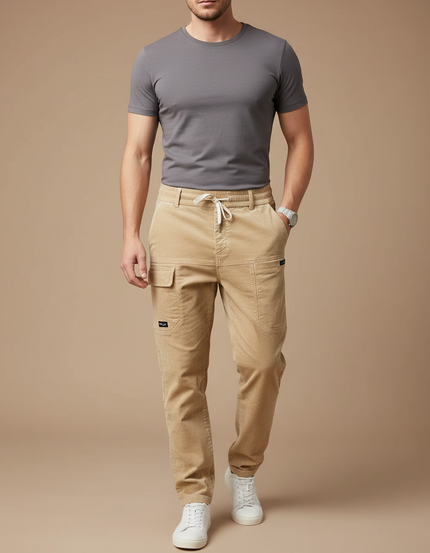 Pantalon Cargo Beige Côtelé Décontracté Multipoches Homme - Cordé