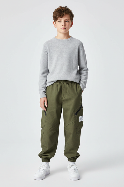 Pantalon Cargo Vert Kaki Ample Multipoches Enfant Décontracté - Toile