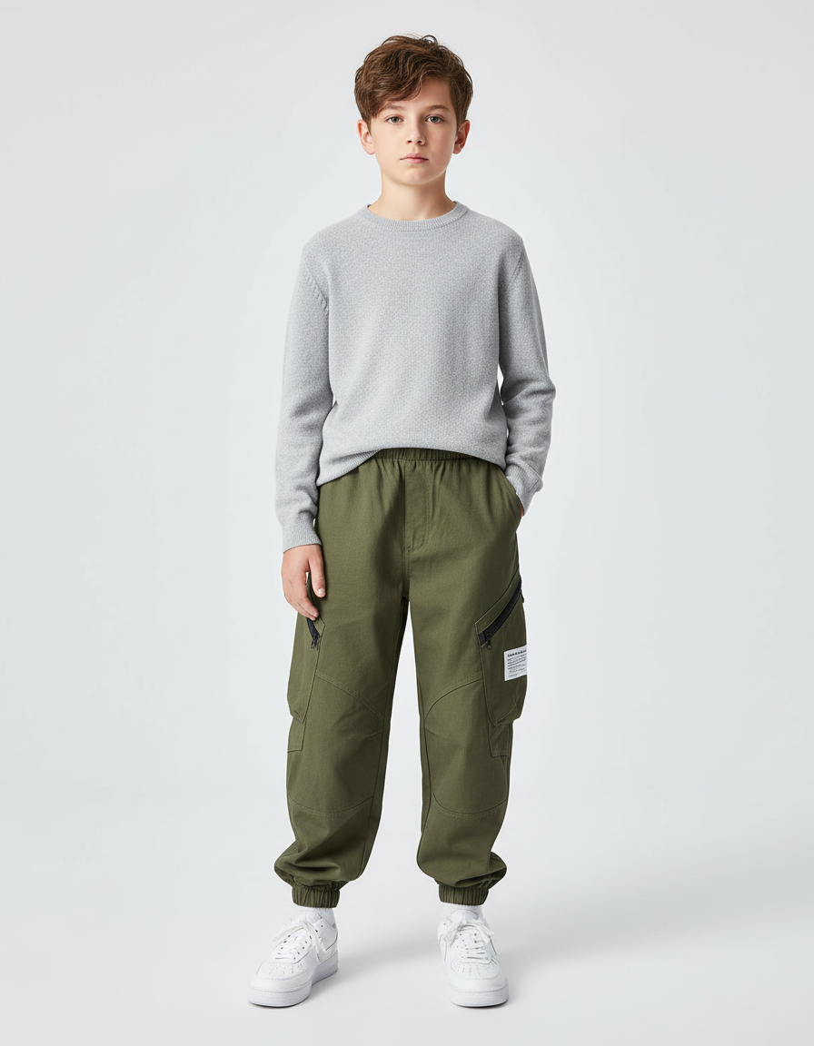 Pantalon Cargo Vert Kaki Ample Multipoches Enfant Décontracté - Toile