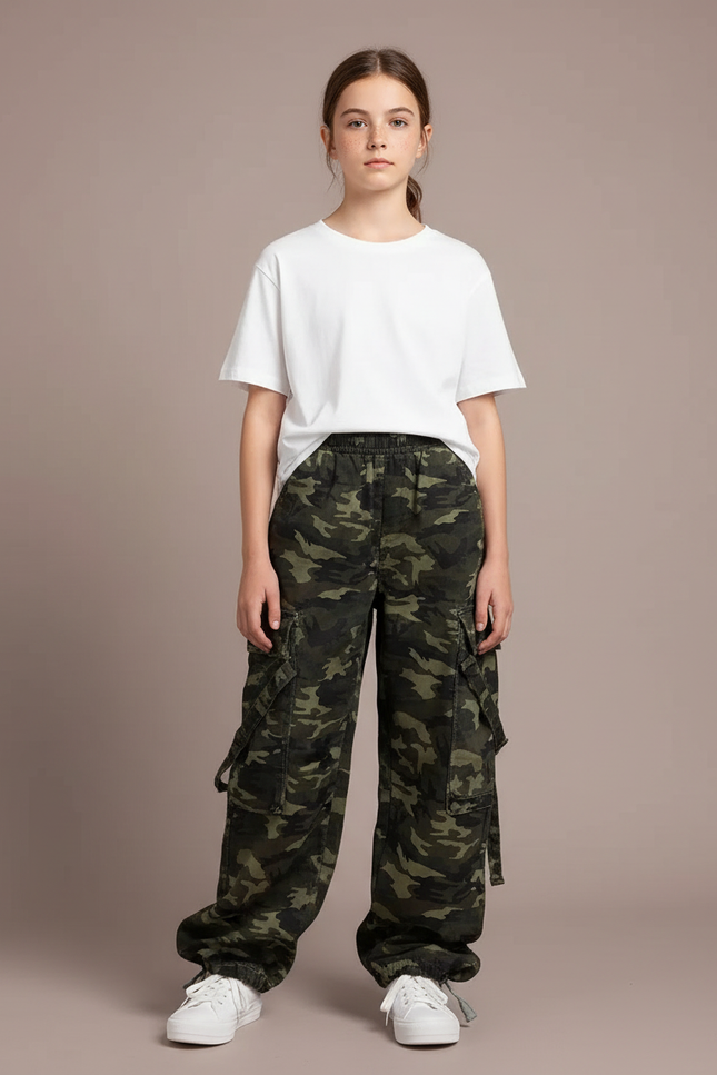 Pantalon Cargo Camouflage Ample Vert Décontracté Multipoches - Toile