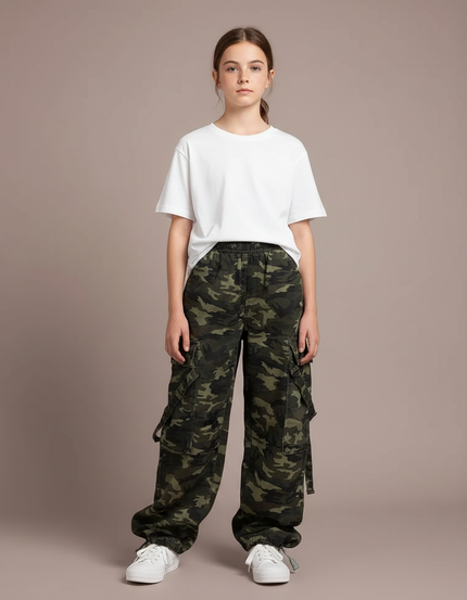 Pantalon Cargo Camouflage Ample Vert Décontracté Multipoches - Toile