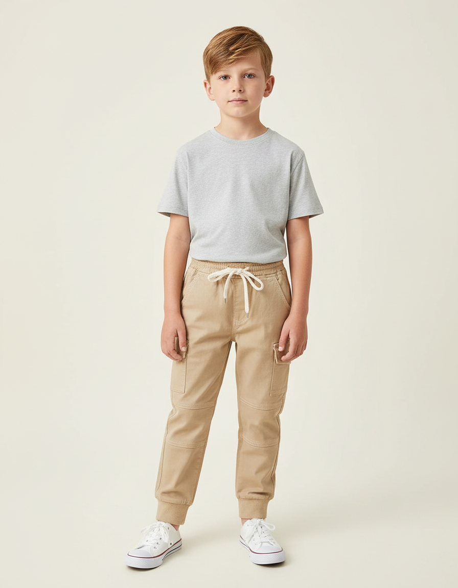 Pantalon Cargo Beige Coton Jogger Décontracté Garçon - Toile