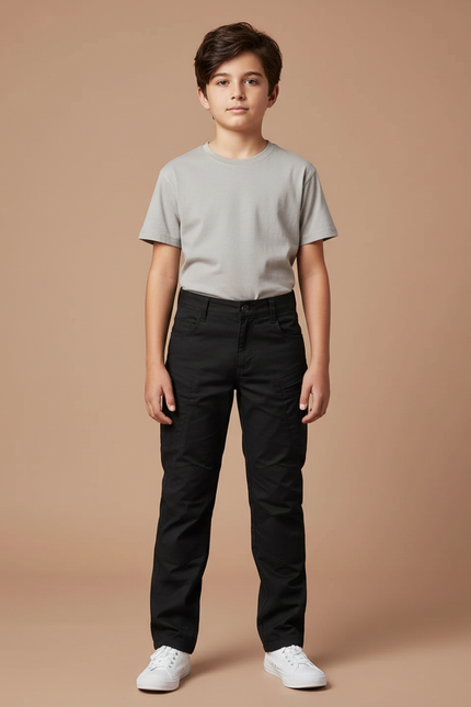 Pantalon Cargo Noir Enfant Coton Multi-Poches Décontracté