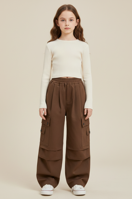 Pantalon Cargo Large Marron Ample Multipoches Coton - Molleton
