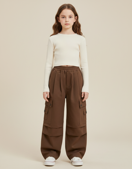 Pantalon Cargo Large Marron Ample Multipoches Coton - Molleton