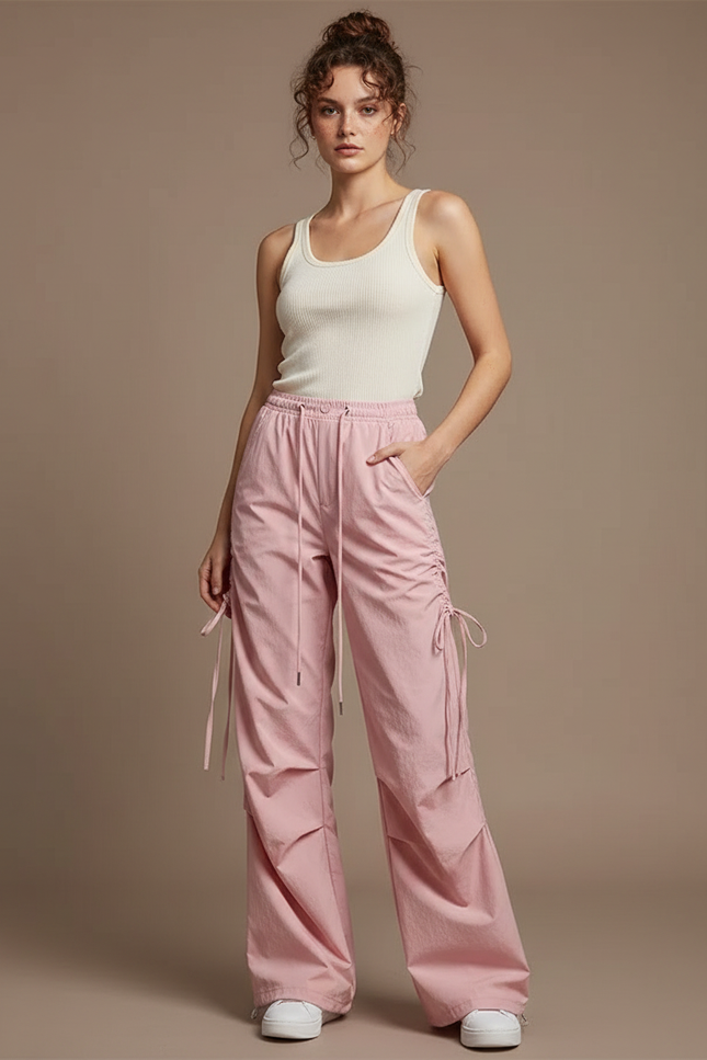 Pantalon Cargo Rose Ample Cordon Streetwear Femme - Toile