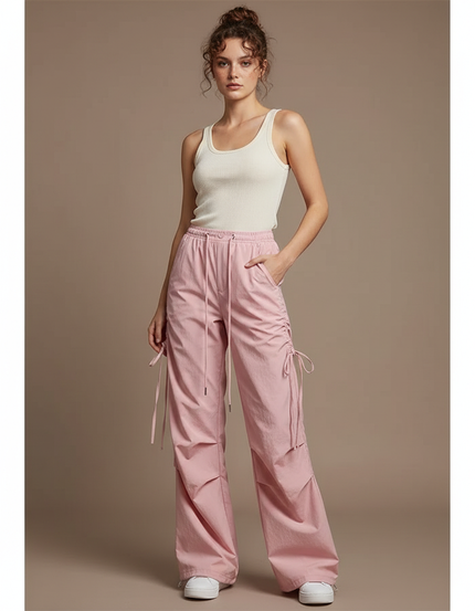 Pantalon Cargo Rose Ample Cordon Streetwear Femme - Toile