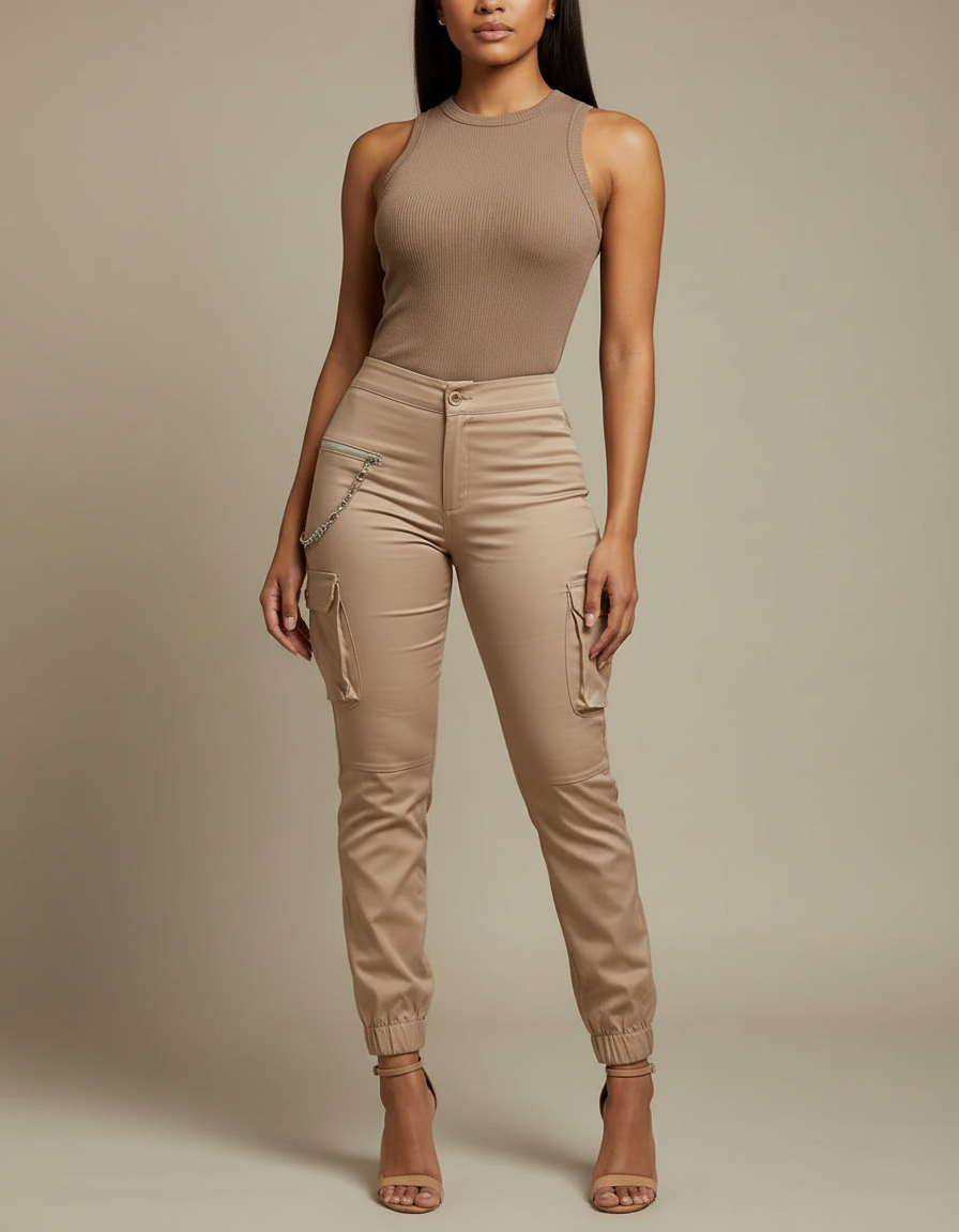 Pantalon Cargo Beige Slim Chaîne Multipoches Femme - Gabardine