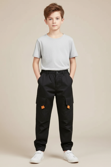 Pantalon Cargo Noir Décontracté Garçon Multipoches Coton