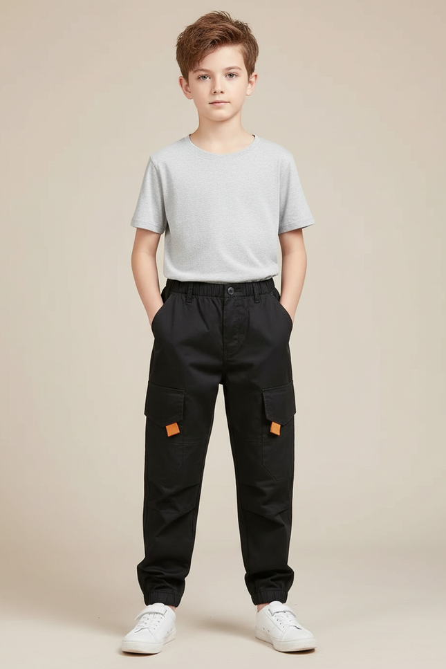 Pantalon Cargo Noir Décontracté Garçon Multipoches Coton