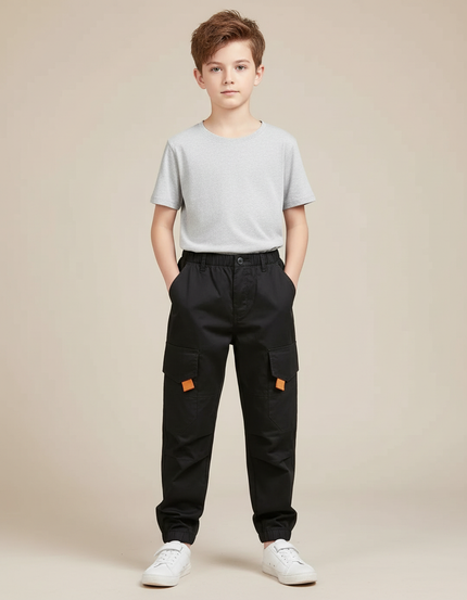Pantalon Cargo Noir Décontracté Garçon Multipoches Coton