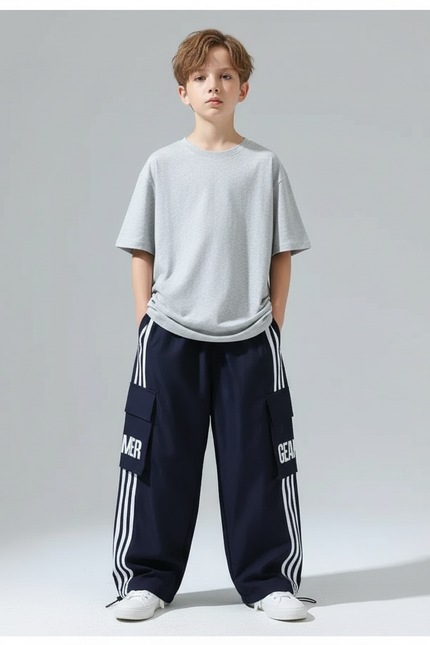 Pantalon Cargo Bleu Marine Ample Bandes Blanches - Polyester