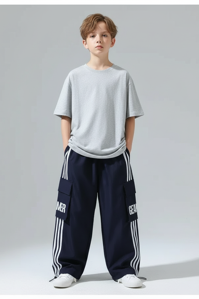Pantalon Cargo Bleu Marine Ample Bandes Blanches - Polyester