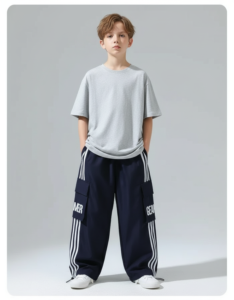 Pantalon Cargo Bleu Marine Ample Bandes Blanches - Polyester