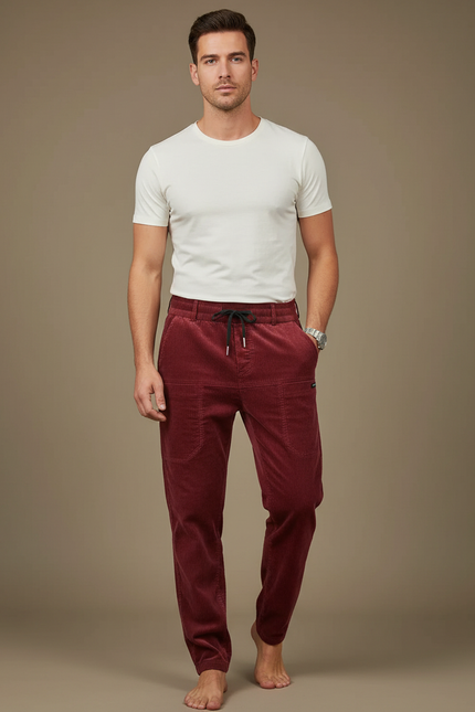 Pantalon Cargo Velours Côtelé Bordeaux Décontracté Multipoches - Cordé