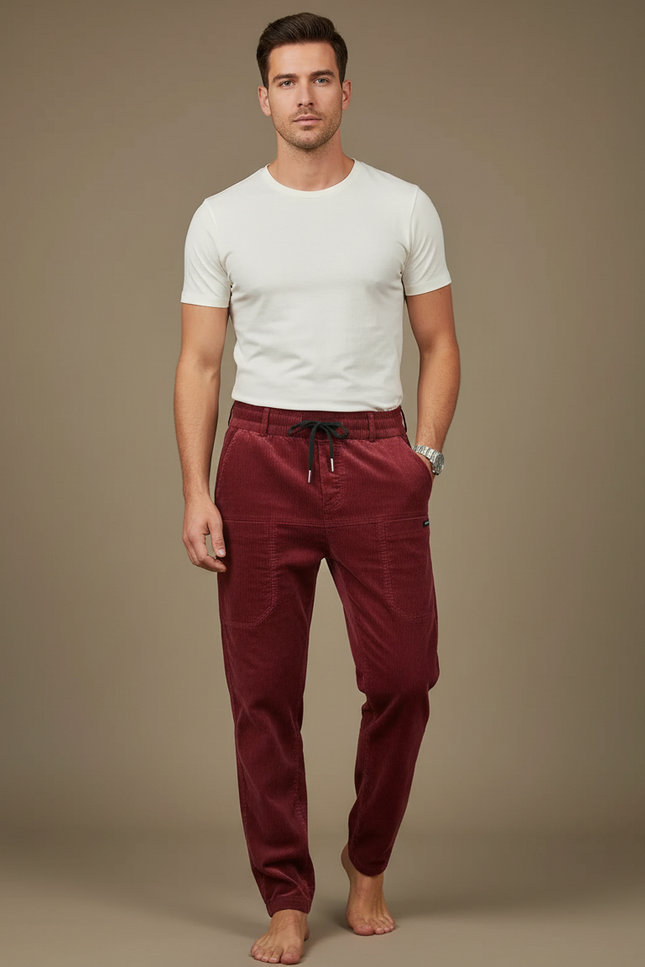 Pantalon Cargo Velours Côtelé Bordeaux Décontracté Multipoches - Cordé
