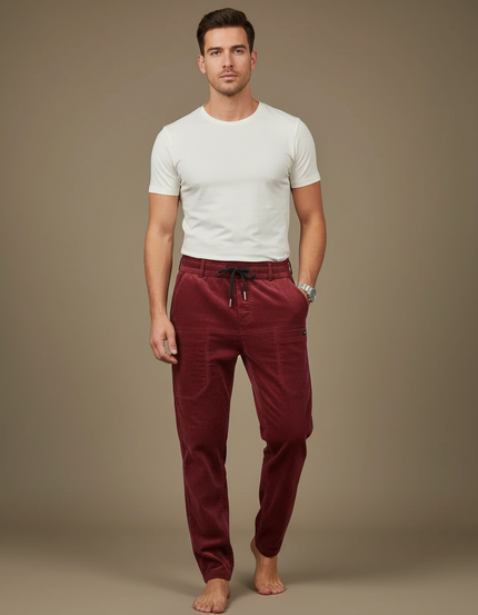 Pantalon Cargo Velours Côtelé Bordeaux Décontracté Multipoches - Cordé