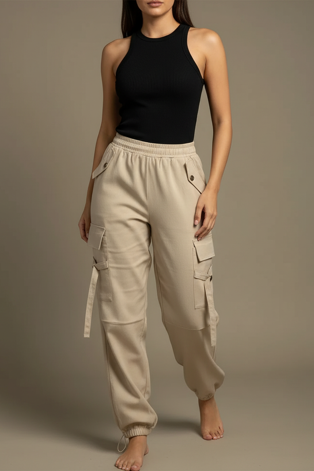 Pantalon Cargo Beige Décontracté Multipoches Cordon Femme - Molleton