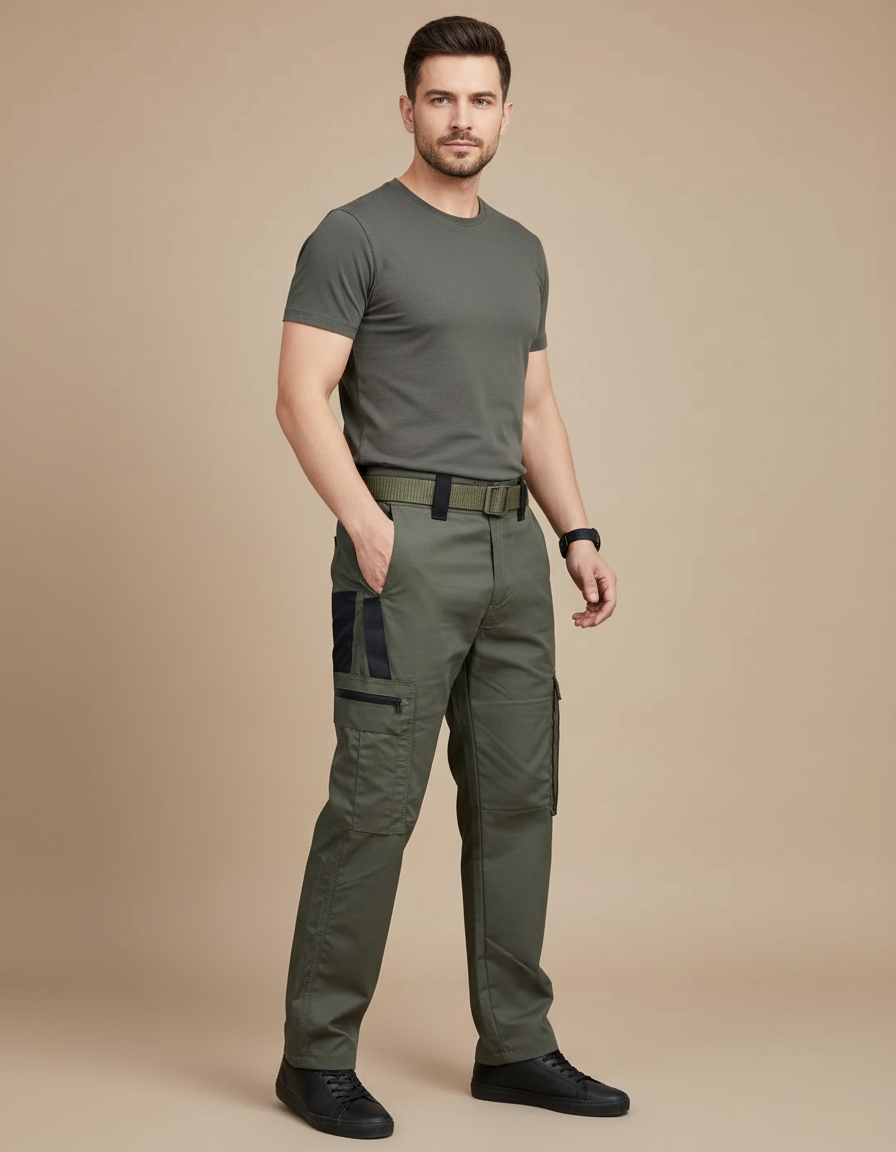 Pantalon Cargo Homme Vert Militaire Multipoches Durable Tactique - Kaki Toile