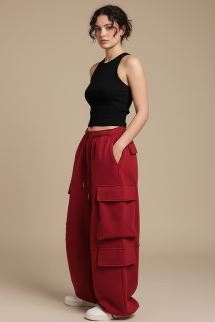 Pantalon Cargo Rouge Femme - Bordeaux Molleton