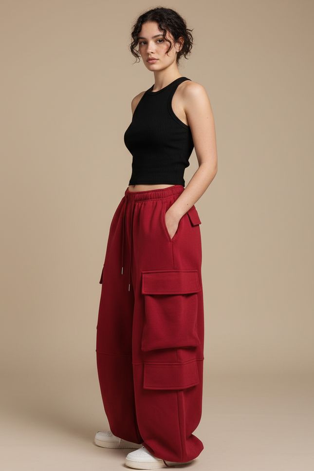 Pantalon Cargo Rouge Femme - Bordeaux Molleton