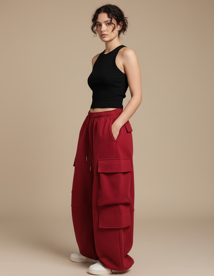 Pantalon Cargo Rouge Femme - Bordeaux Molleton