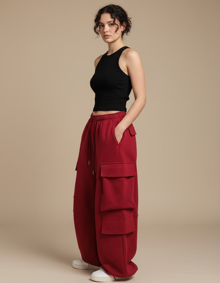 Pantalon Cargo Rouge Femme - Bordeaux Molleton