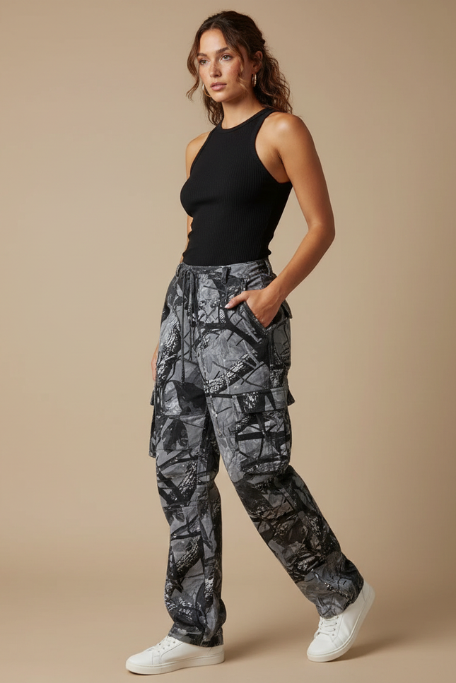 Pantalon Cargo Camouflage Ample Gris Multipoches Décontracté - Toile