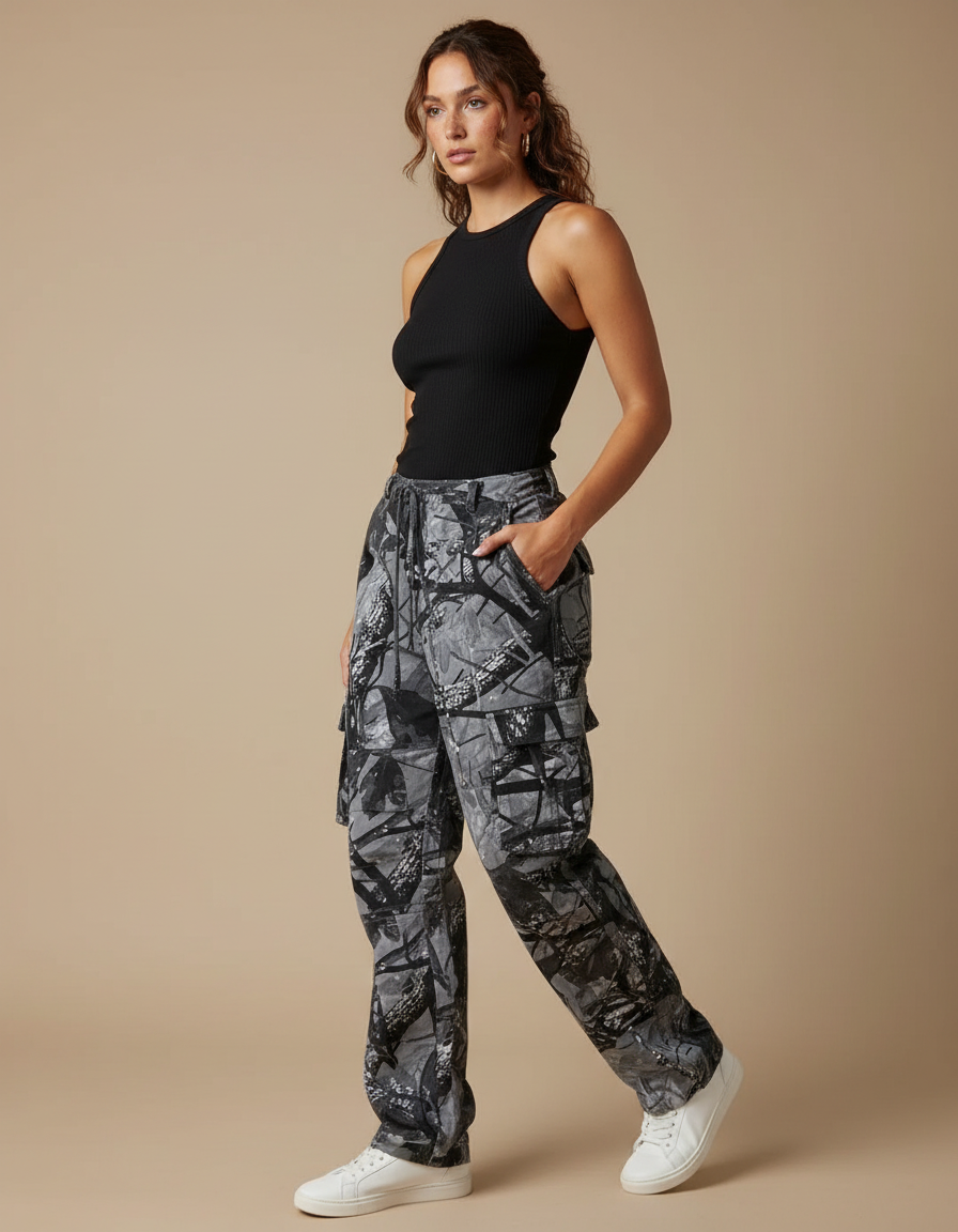 Pantalon Cargo Camouflage Ample Gris Multipoches Décontracté - Toile