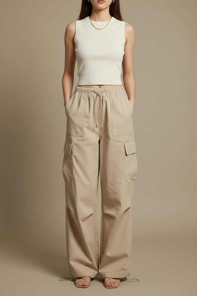 Pantalon Cargo Beige Ample Coton Taille Haute Décontracté Femme - Toile