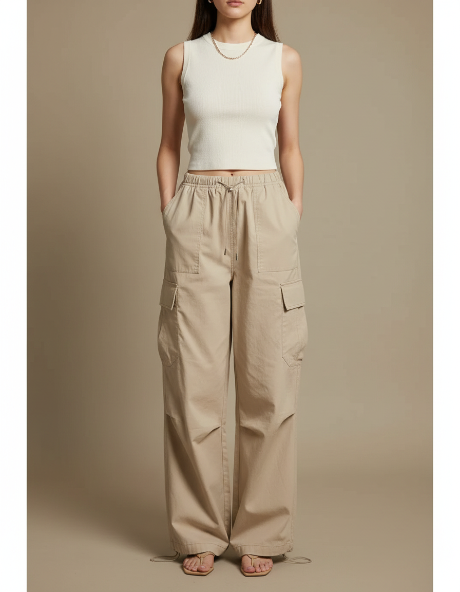Pantalon Cargo Beige Ample Coton Taille Haute Décontracté Femme - Toile