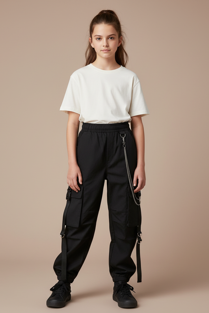 Pantalon Cargo Noir Ample Chaînes Multipoches Fille - Toile