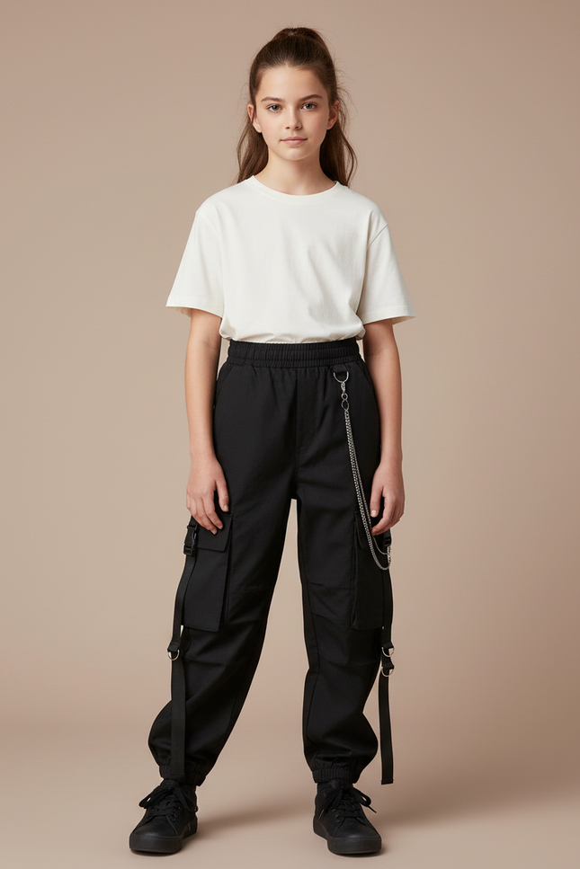 Pantalon Cargo Noir Ample Chaînes Multipoches Fille - Toile