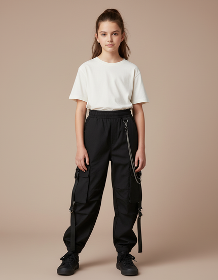 Pantalon Cargo Noir Ample Chaînes Multipoches Fille - Toile