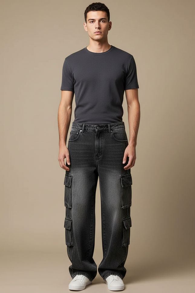 Pantalon Cargo Denim Gris Ample Multipoches Homme - Jean