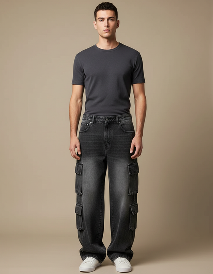 Pantalon Cargo Denim Gris Ample Multipoches Homme - Jean