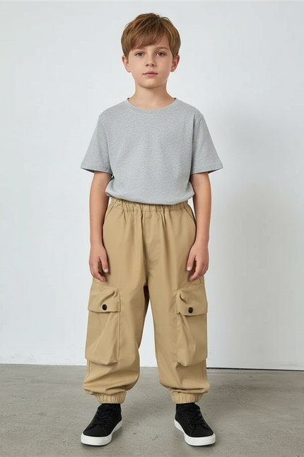 Pantalon Cargo Beige Ample Multipoches Décontracté Enfant - Polyester