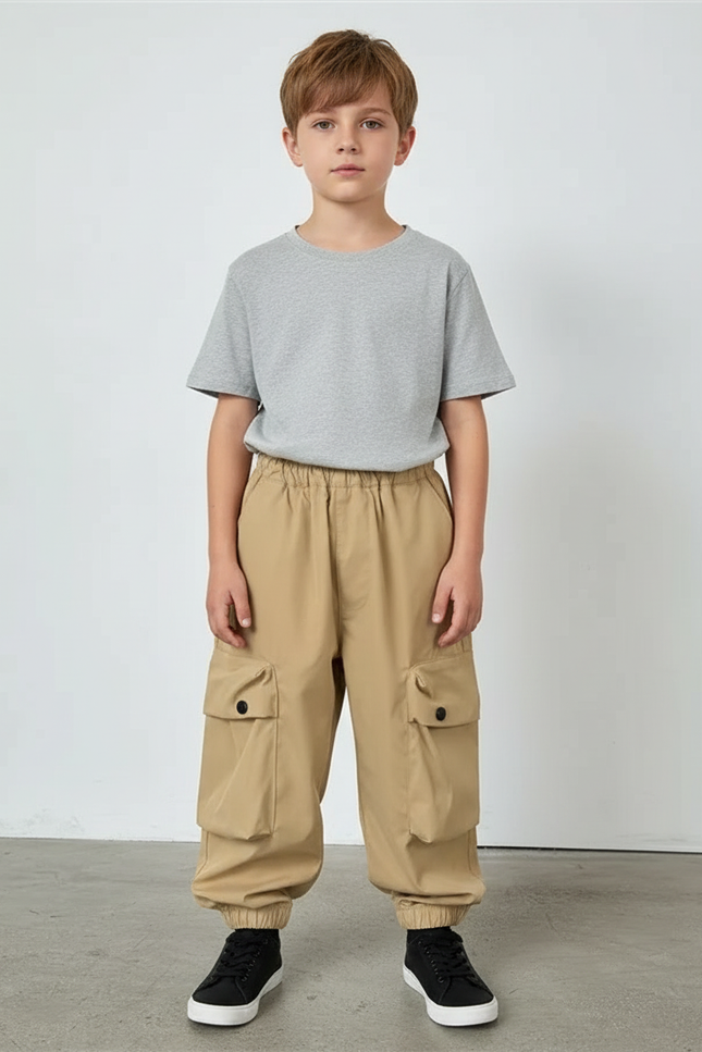 Pantalon Cargo Beige Ample Multipoches Décontracté Enfant - Polyester